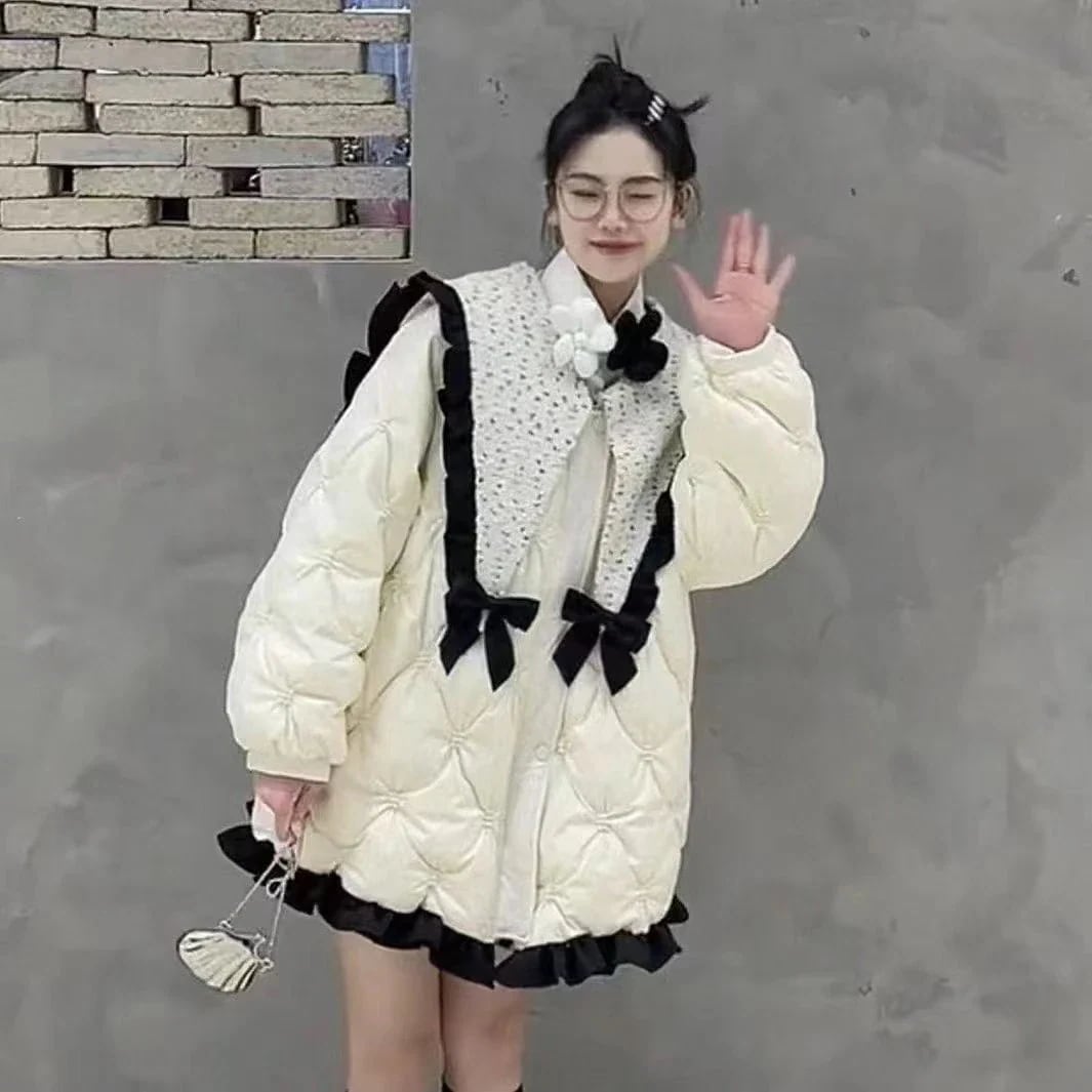 可愛い リボン 中綿コート レディース 小香風 厚手 アウター 新作 ゆったり 保温 中綿ジャケット 綿入れ