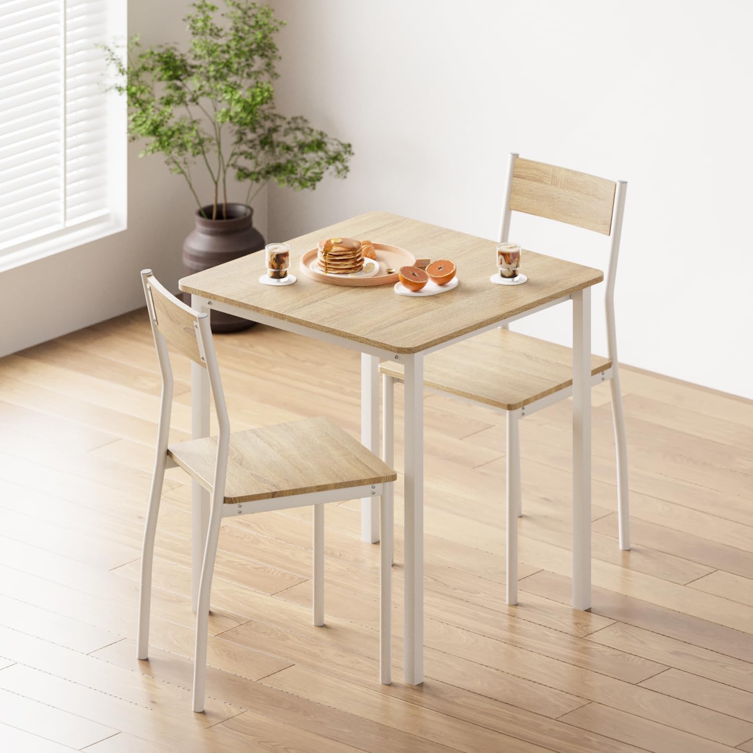 kukeimaru ダイニングテーブルセット 食卓テーブル 2人用 3点セット テーブル 1点 幅70×奥行70×高さ75cm チェア 2脚 木製 スチール 2人掛け ナチュラル×ホワイト