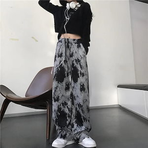 韓国ファッションハイウエストパンツ 大きいサイズ絞り染ワイドレッグパンツ 薄いスラックス
