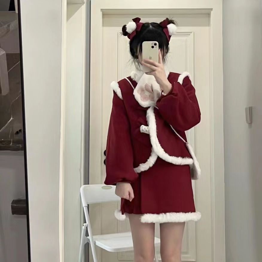 クリスマスレッド新年小物セット立体装飾リボンウールジャケット+スカート2点セット
