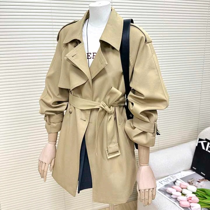 【急速出荷!】トレンチコート ショート ミドル丈 レディース コート アウター 春 秋 ショート ベージュ ウエストベルト 通勤 通学 大人っぽい シンプル おしゃれ 上品 カジュアル 5,431円