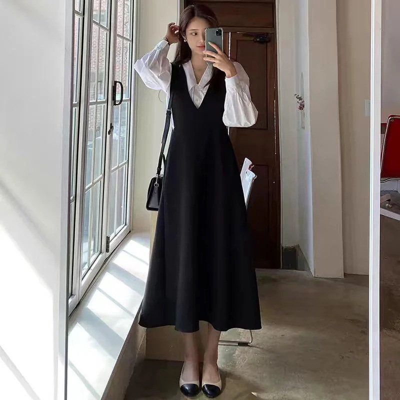 Vネック ジャンパースカート A型スカート ワンピース レディース ロング ジャンスカ