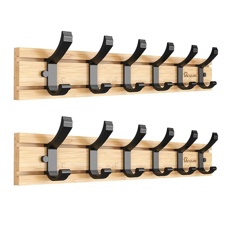 Anjuer ウォールハンガー 壁取り付け式コートラック 2個セット 6連フック 壁掛けフック 収納家具 物干しハンガー 帽子掛け洋服掛けコート掛け 木製(黒フック移動型)