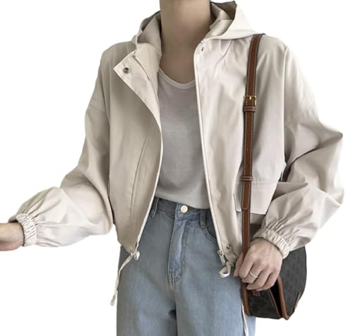 [andrei] アンドレイ ジャケット カジュアル フード 付き ショート 丈 ジップ アップ ルーズ フィット 軽量 アウター レディース (ベージュ,L)