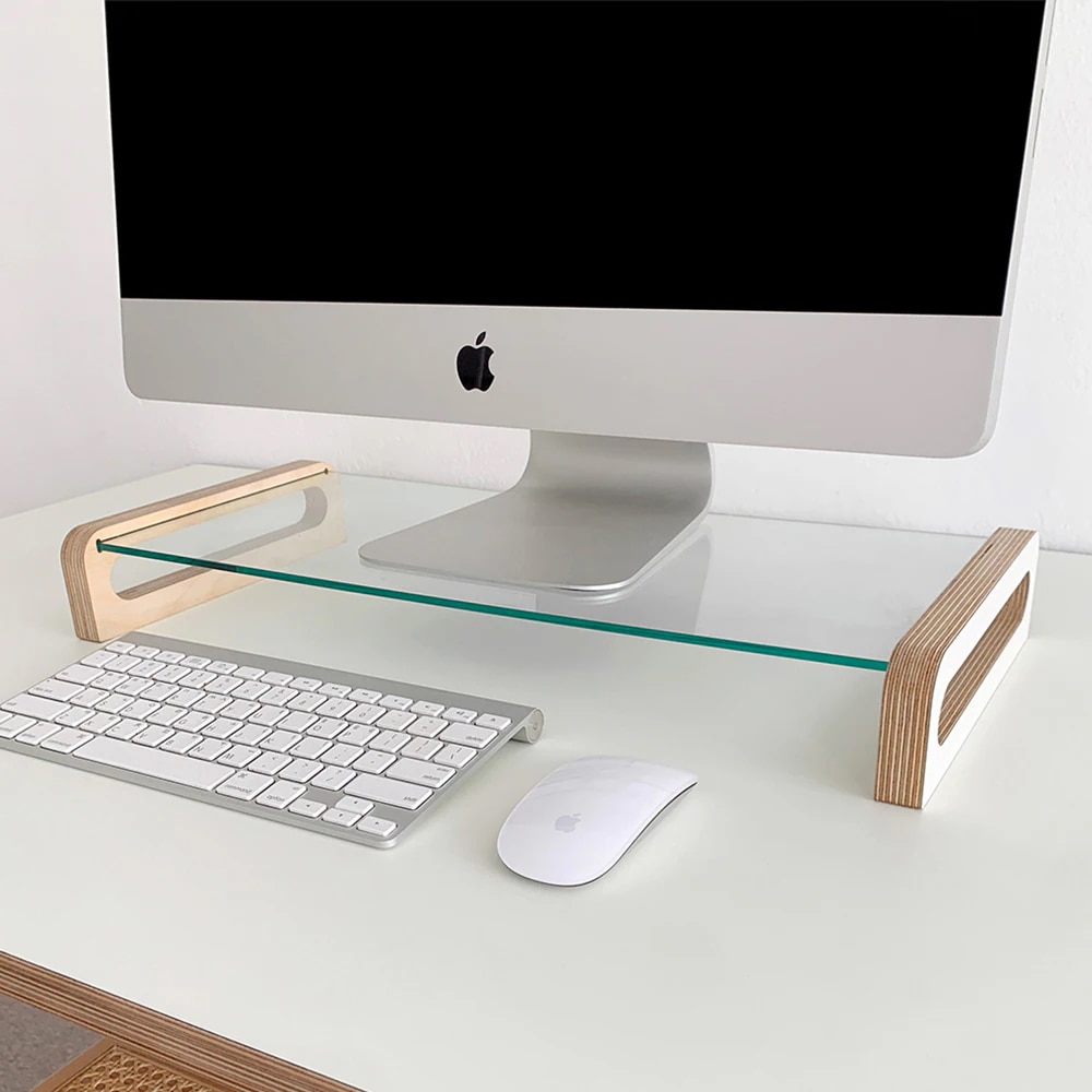 グローシー白樺HPLモニタースタンド 韓国インテリア 強化ガラス オフィス 机 化粧台 ホワイト HPL シラカバ 53.5×22×6cm