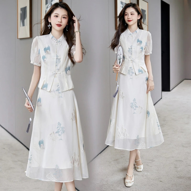 レディース 中華風 刺繍 半袖 2点セット 上着＋スカート品質良い 披露宴 洋服 花嫁 きれいめ エレガント フォーマル 成人式 プリンセス 二次会 イブニングドレス 七五三 宴会 大人気 キレイめ