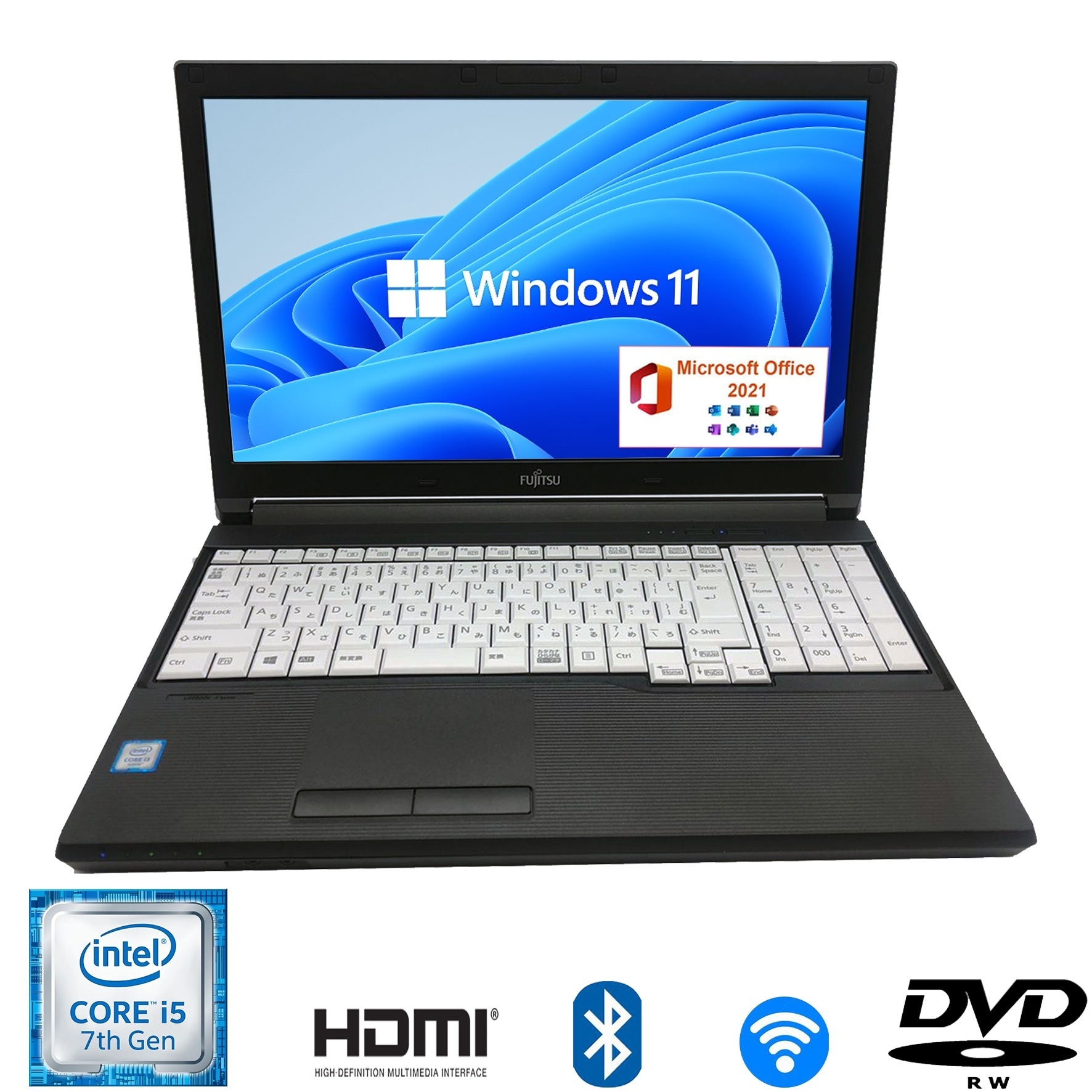 第七世代Corei5 ノートパソコン 15.6型 A577 驚速SSD128搭載 メモリ8GB Win11 MSoffice2021 HDMI テンキー Bluetooth 無線 DVD-RW