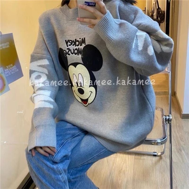 トップスTシャツカットソー文字アニメミッキーセーターの女性のゆったりとした上着2021秋冬新韩版怠惰なセーターの中で長い