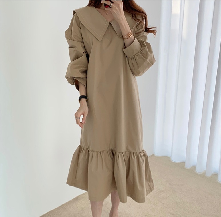 セーラーカラーワンピース 膝下 Aラインドレス ブラックワンピース ワンピース 膝下 袖あり 長袖 パブスリーブ 襟付き ビッグカラー Vネック マーメイド 個性的 カーキ ブラック S M L XL