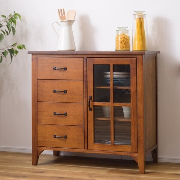 キャビネット 片開き 引出し付 天然木 エスニック調 Timber 幅80cm