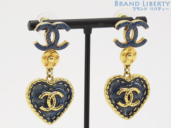 レア新品同様シャネルココマークデニムハートスイングピアスネイビーゴールドメタルABC738