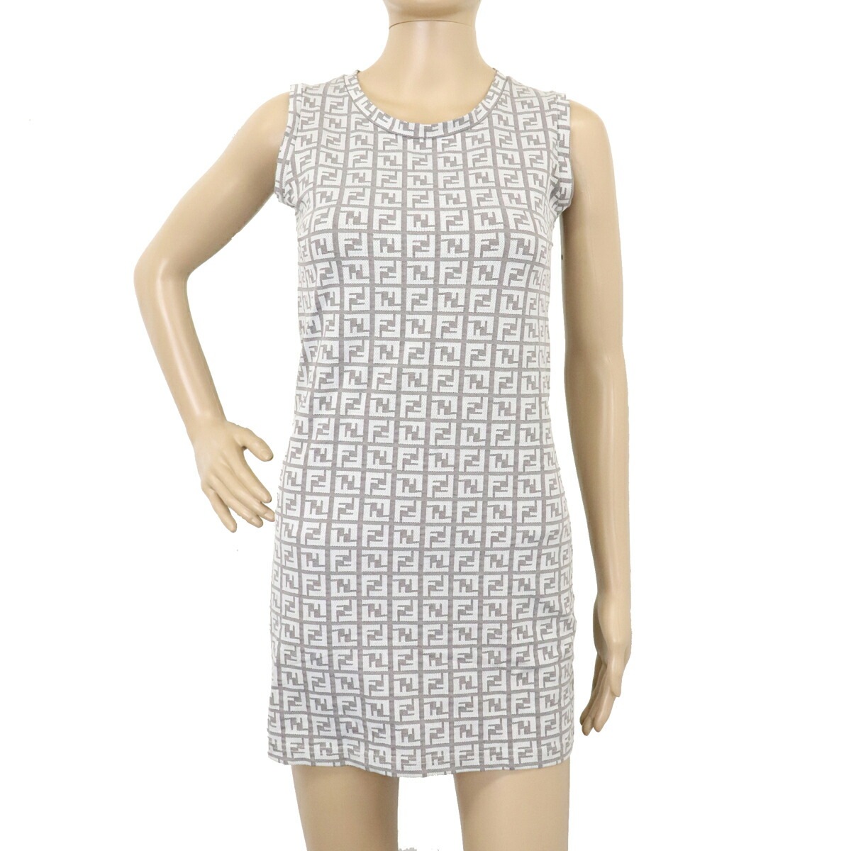 ズッキーノ ズッカ柄 ワンピース ノースリーブ 膝丈 ナイロン92% エラスタン8% オフホワイト ブラウン #4