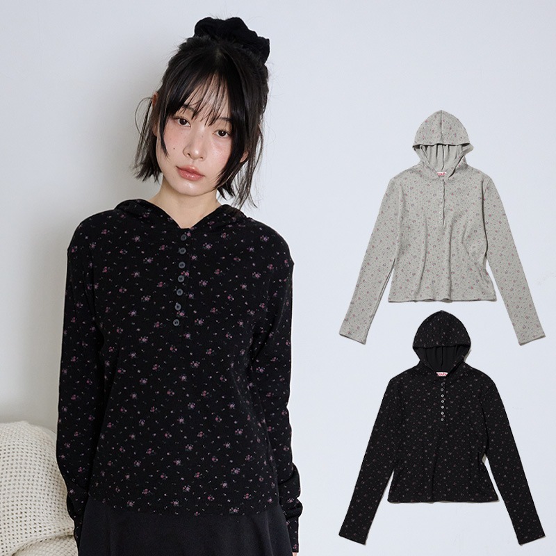 FLOWER WAFFLE BUTTON HOODIE