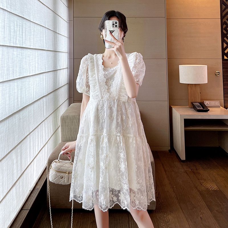 【日本未発売/送料無料】マタニティ ワンピース ドレス 総レース パール フリル シースルー