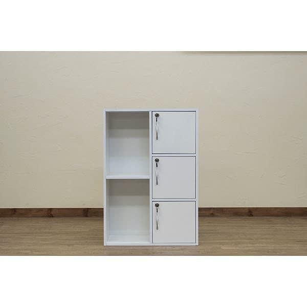 鍵付き マルチラック/収納棚 ホワイト 5段 幅60cm カギ付き扉3 キー各扉2本付き 書斎 オフィス 会社