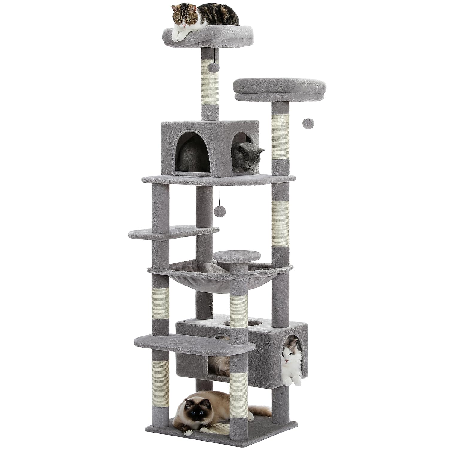 PETEPELA(ぺテぺラ) キャットタワー 大型猫用 コンパクト 多頭飼い 据え置き型 スリム ハンモック 麻紐爪とぎポール 猫のおもちゃ 転倒防止ベルト付き 展望台 猫ベッドカバー取り外し可能 運