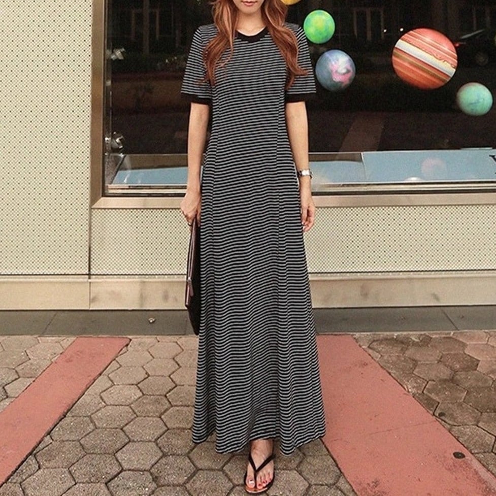 ワンピース ロングワンピース Tシャツワンピース ボーダー柄ワンピース ボーダーマキシワンピース ボーダーTシャツワンピース ラウンドネック 半袖 ロング丈 マキシ丈 ボーダー柄 レディース かわいい