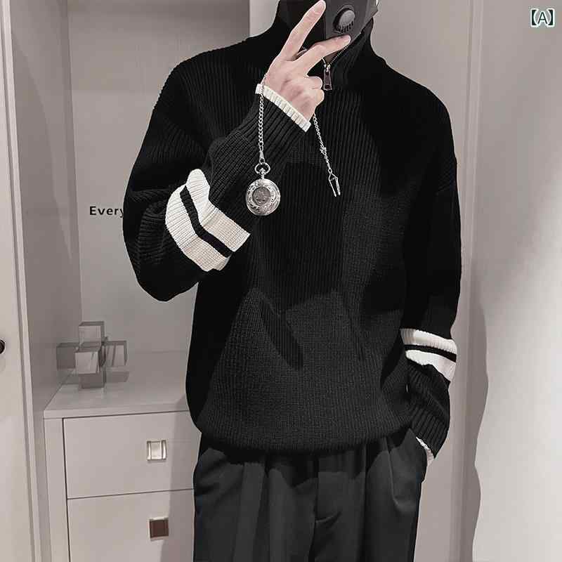 セーター メンズ ニット トップス 冬 暖かい ファッション ジッパー タートルネック ボト シャツ 長袖 インナーウェア 秋冬 ストライプ