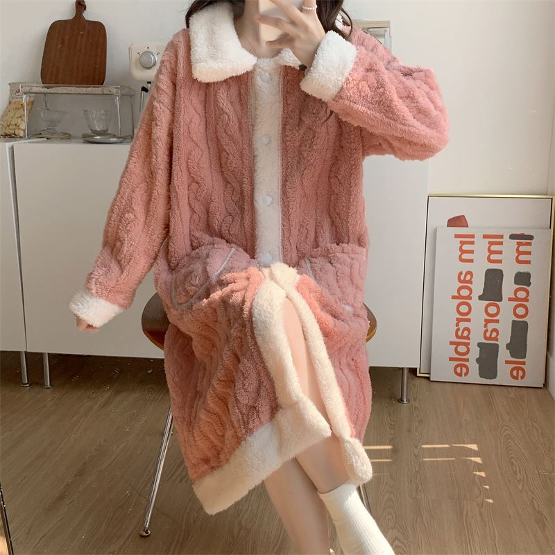 ボア ガウン カーディガン ルームウェア 部屋着 パジャマ 全2色 ロング丈 ミモレ丈 襟付き ナイトウェア 袖あり 長袖 バイカラー もこもこ ふわふわ かわいい 可愛い きれいめ シンプル
