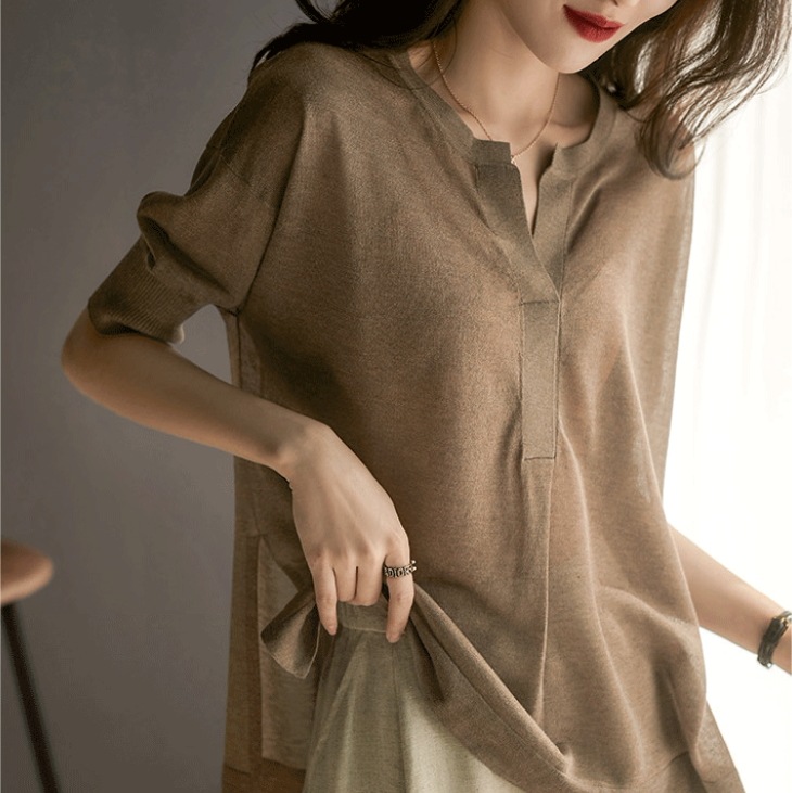 薄手カットソー くすみカラートップス カジュアル春夏トップス ゆったりトップス トップス カットソー プルオーバー ビッグT ロング ロング丈 袖あり 半袖 5分袖 五分袖 ヘンリーネック スリム