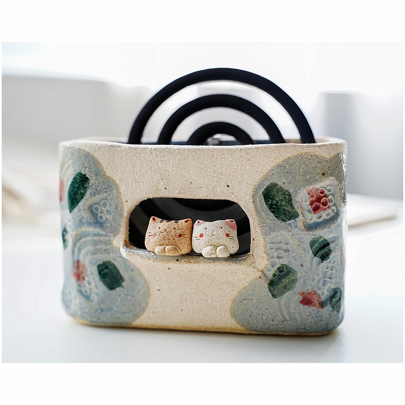 かわいい猫箱日本製蚊取り線香炉蚊よけ植木鉢陶器製香炉香炉インテリアオーナメント