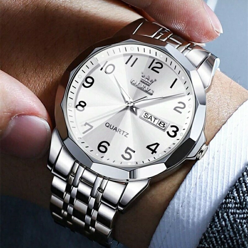 ラグジュアリー メンズステンレススチール 防水 発光クオーツ腕時計カレンダークロノグラフ付きカジュアル メンズ腕時計ビジネスシーンに適したメンズファッション腕時計メンズ記念日ギフト