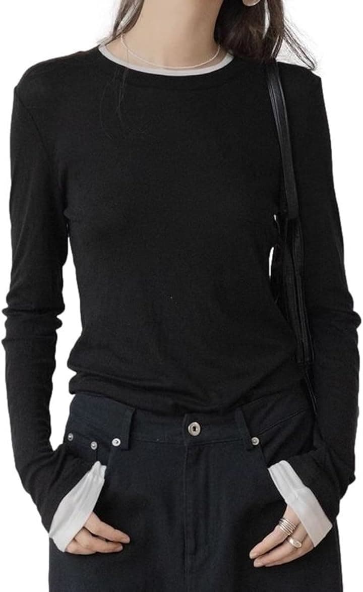 フェイクレイヤード ストレッチTシャツ リヨセルウール混 長袖(ブラック, L)