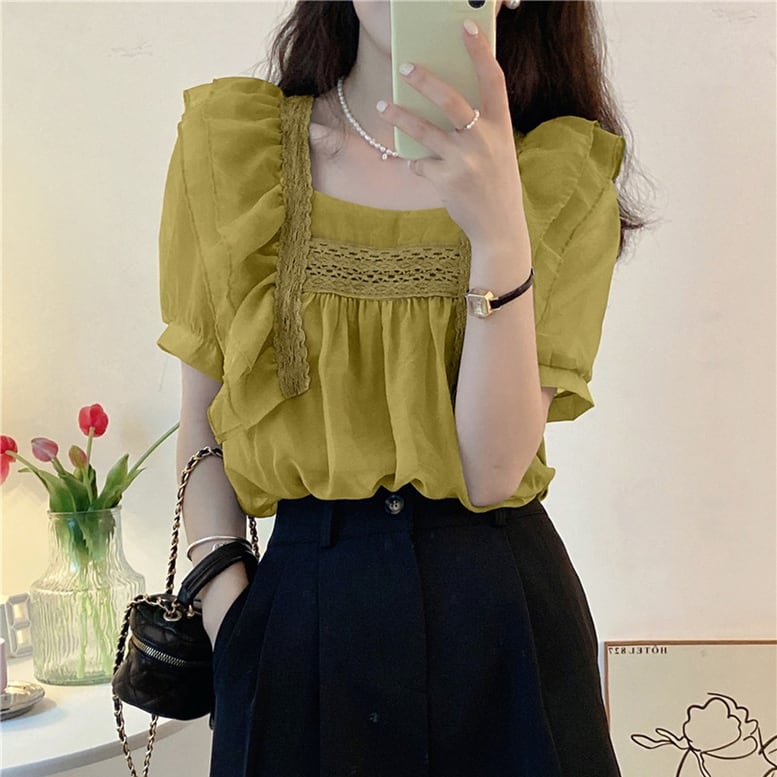 3color レディース フリルシアーブラウス パフスリーブ レース シャツ トップス