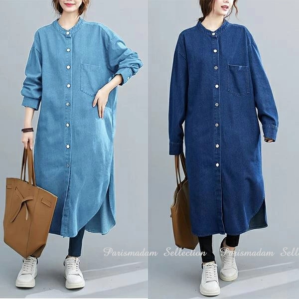 【人気商品超目玉】デニムシャワンピース　長袖　ロングワンピース　フリーサイズ　ミモレ丈　お出かけ女子会20代30代40代50代60代