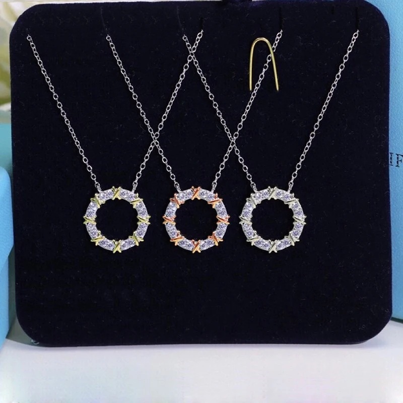 女性用925スターリングシルバー金メッキ円形ペンダント16石ネックレス,クラシックラグジュアリー,ファッションブランド,パーティー用ファインジュエリー