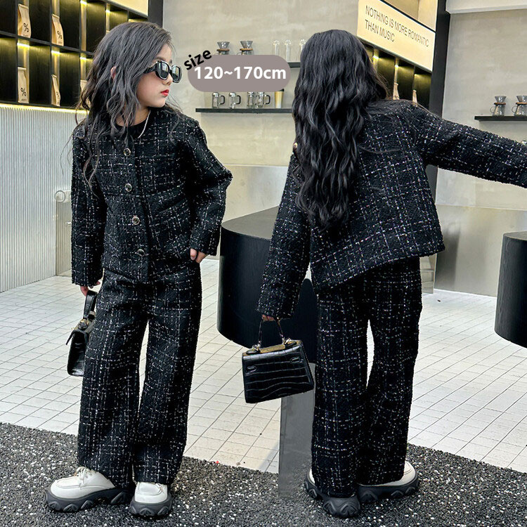 【即納】女の子 パンツスーツ ツイード 卒業式 フォーマルスーツ セットアップ ブラック おしゃれ ノーカラーコート ワイドパンツ 春秋 ガールズ 長袖ジャケット ロングズボン 入学式 結婚式 入園