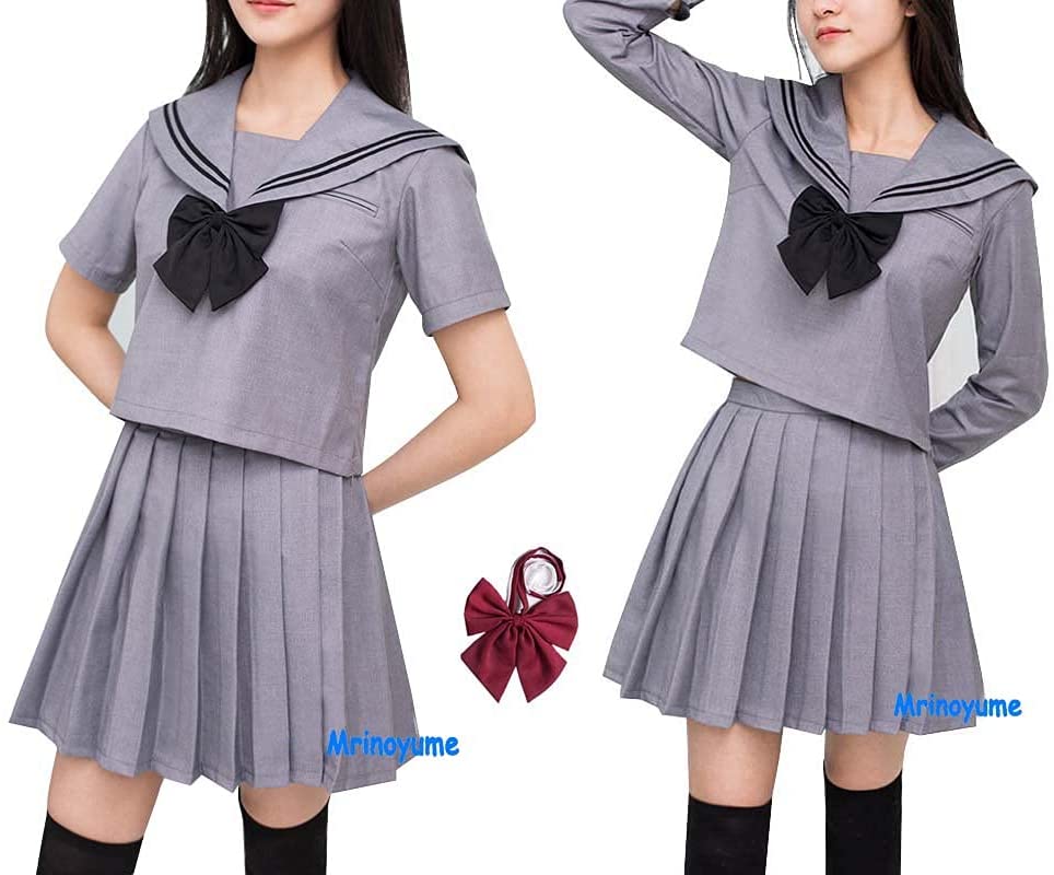 セーラー服 コスプレ 半袖 大きいサイズ 長袖 グレーの襟 2色蝶結び対応 5点セット 未来ノ夢