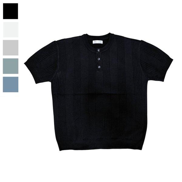 メンズリブヘンリーネック半袖ニットTシャツ RB-KNH-Q093-ブラック