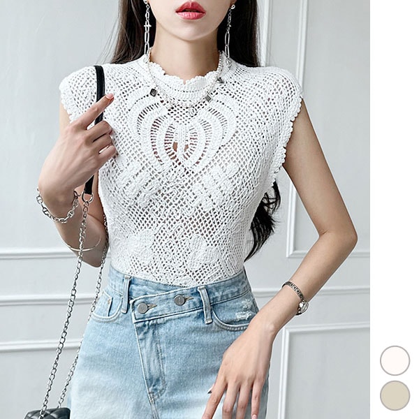 ニット レディース トップス ノースリーブ フレンチスリーブ タイト カットソー ニットソー 透かし編み シースルー シアー カジュアル 春 夏 韓国 to27670