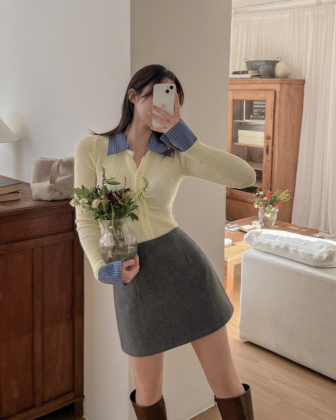 チェック柄シャツレイヤードニット韓国ファッション レディース