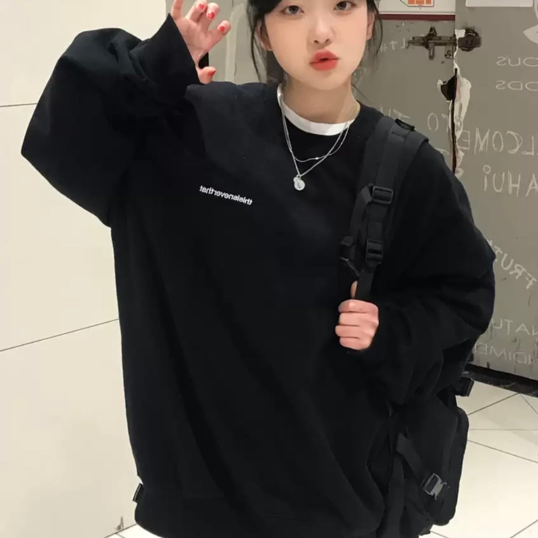 トップス シンプル パーカー フードなし トレーナー スウェット 袖あり 長袖 ドロップショルダー 萌袖 Uネック ラウンドネック クルーネック ストレート 可愛い シンプル カジュアル おしゃれ