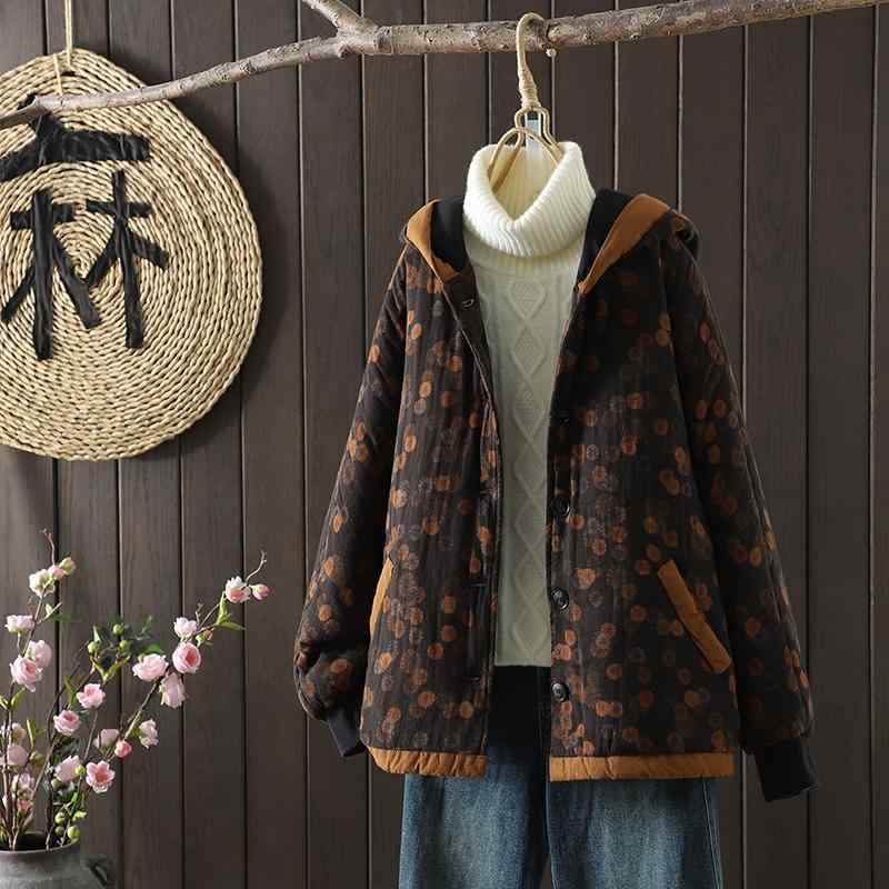 秋服 レディース ファッション オシャレ カワイイ シンプル 大人カワイイ 大きいサイズ レトロ プリント フード付き コットン ジャケット 冬 暖かい コットンリネン キルティング