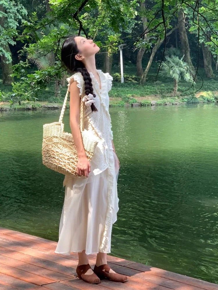 春夏 ワンピース おしゃれ かわいい ドレス ミモレ丈 タック ロングレース切り替え Vネック 韓国ファッション白 レディースお出かけ キュート 甘めスリーブフレンチ