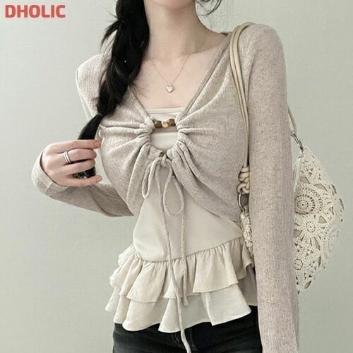 フリルアンバランス長袖ギャザーアンサンブルカーディガンキャミソール