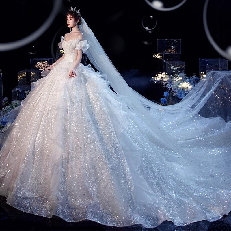 ウェディングドレス 二次会 結婚式 披露宴 ブライダル ロングドレス オフショルダー フリル 花嫁 ウエディングドレス プリンセスライン キラキラ トレーン選択 9,161円