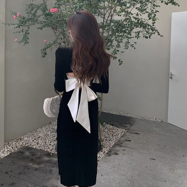 レディース スウィートフランス風 長袖 ワンピース バックリボン スクエアネック 長袖 バイカラー 大人可愛い ママコーデ ママファッション 韓国系 オルチャン 人気 トレンド 新作 20代 30代