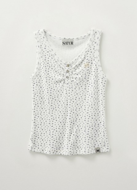 【SATUR】 (W) BUTTON UP FLOWER SHIRRING SLEEVELESS TOP : WHITE
