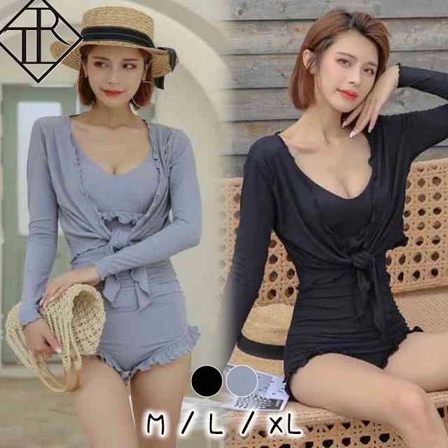 【即納】水着 レディース 水着 体型カバー ビキニ 大きいサイズ ビキニ 人気 盛れる セクシー レトロ リゾート 20代 30代 オトナ女子 小胸 痩せて見える スレンダー シンプル 長袖 Uネック