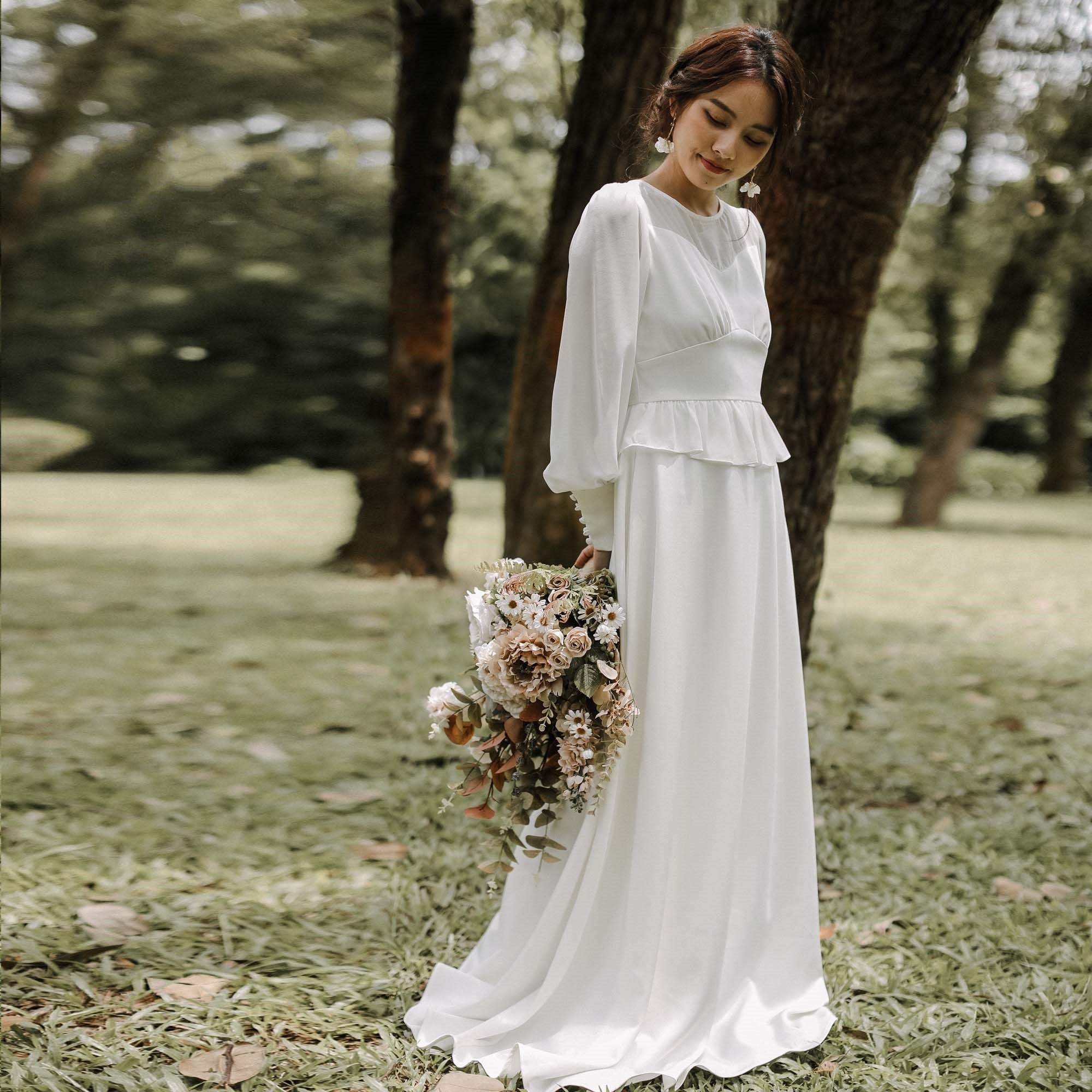 前撮り ドレス ウェディングドレス エンパイアライン 袖あり シースルー 白 ワンピース 結婚式 二次会　披露宴 後撮り 二次会ドレス 花嫁ドレス 長袖 花嫁 スレンダー ナチュラル