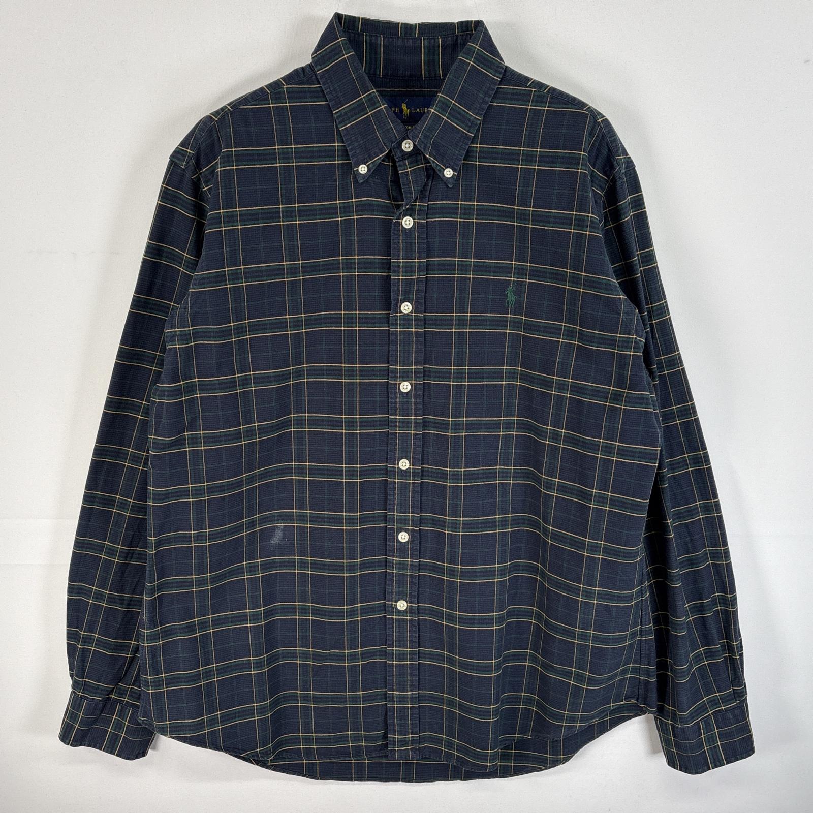 古着 長袖シャツ ワンポイント ロゴ 刺繍 ボタンダウンシャツ タータンチェック L ネイビー系 マルチカラー メンズ