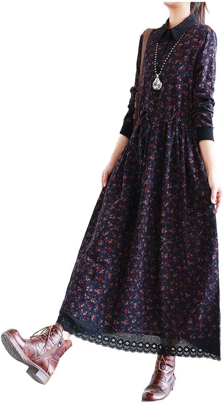 幾何学柄 花柄 レトロ風ロングワンピース シックカラー レース ウエストゴム ミモレ丈 レディース (ネイビー, M)