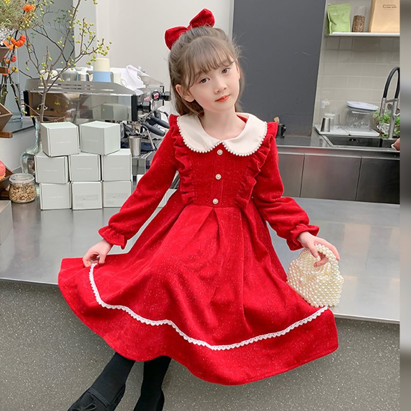 女の子ドレス秋2024女の子秋子供服赤いスカートおしゃれ子供プリンセスドレス秋