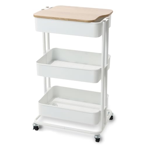 【取り出しやすくリニューアル! 】アイリスプラザ キッチンワゴン 調味料ラック バスケットラック 木天板タイプ 収納ワゴン 3段 キャスター付 幅44.5×奥行35×高さ78cm ホワイト KW-L0