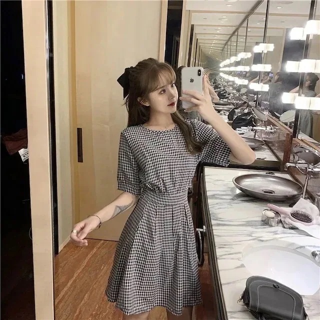 24 ガーリー ギンガムチェック 膝丈 ワンピース バックシャン おしゃれ かわいい 韓国 カジュアル ファッション レディース お出かけ