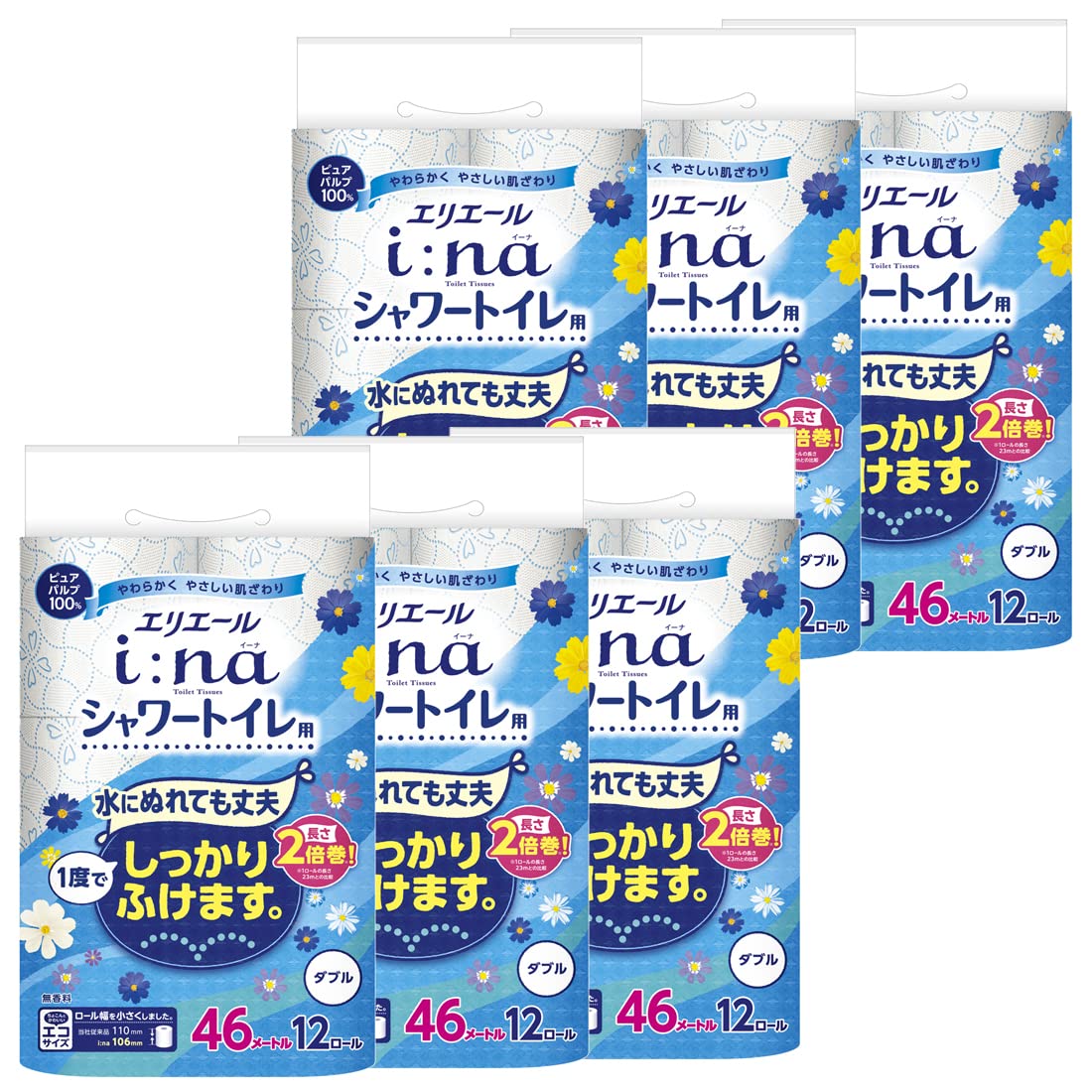 エリエール トイレットペーパー i:na(イーナ)トイレットティシューシャワー用 46m×12ロール×6パック ダブル パルプ100% 【ケース販売】